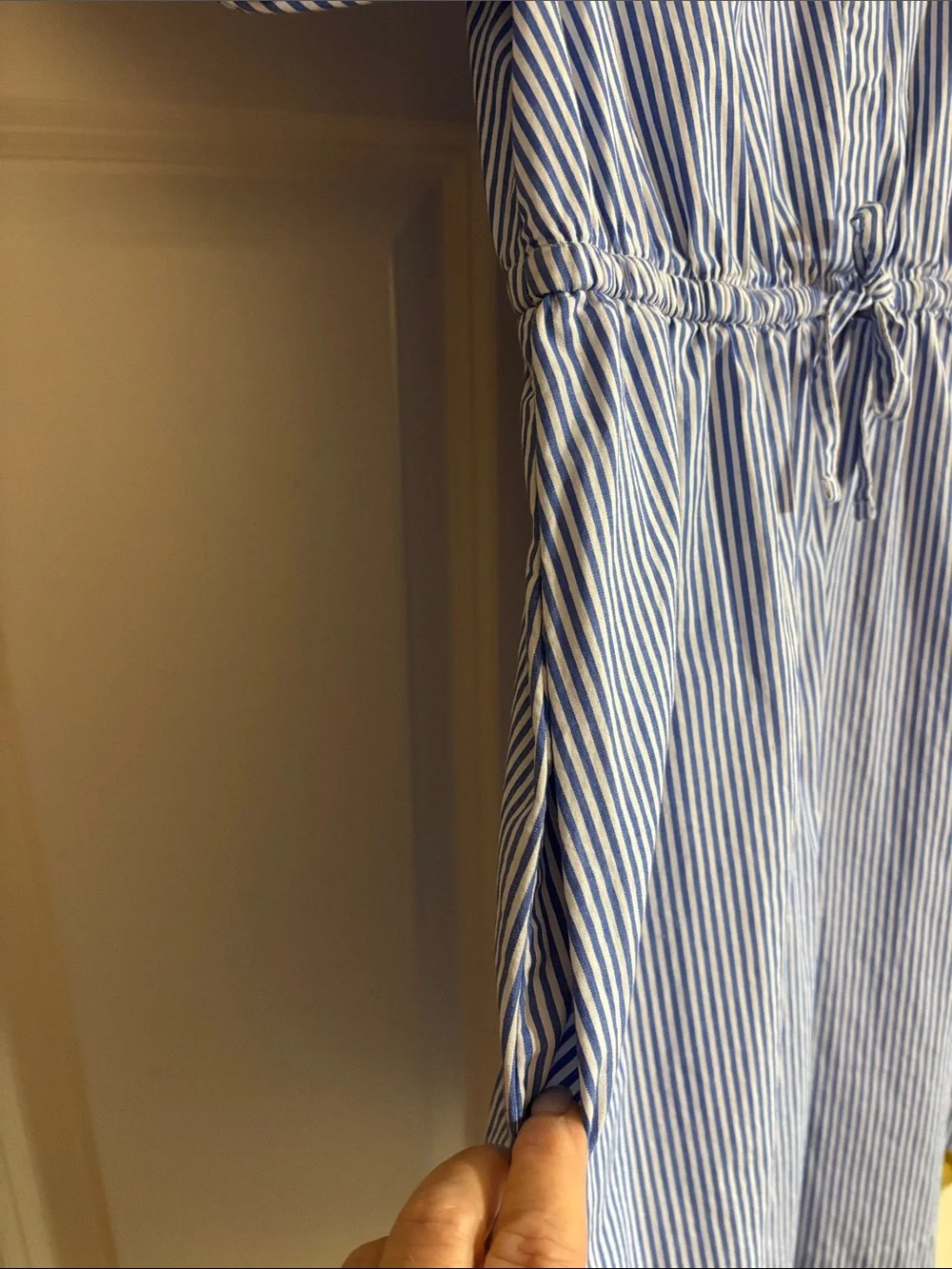 J. Crew Blue and White Striped Tie-Waist Puff-Sleeve Shirt Dress